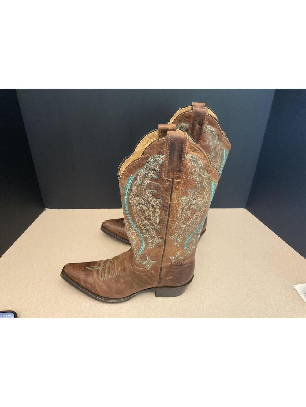 Womens JB Dillon Brown Leather Cowboy Boots W/ Turquoise Embroidery. Size 6B. - Picture 6 of 11